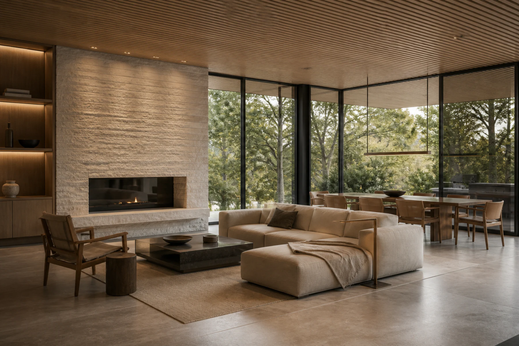 Architectural visualization of a warm contemporary interior with natural stone, oak, and expansive glass
