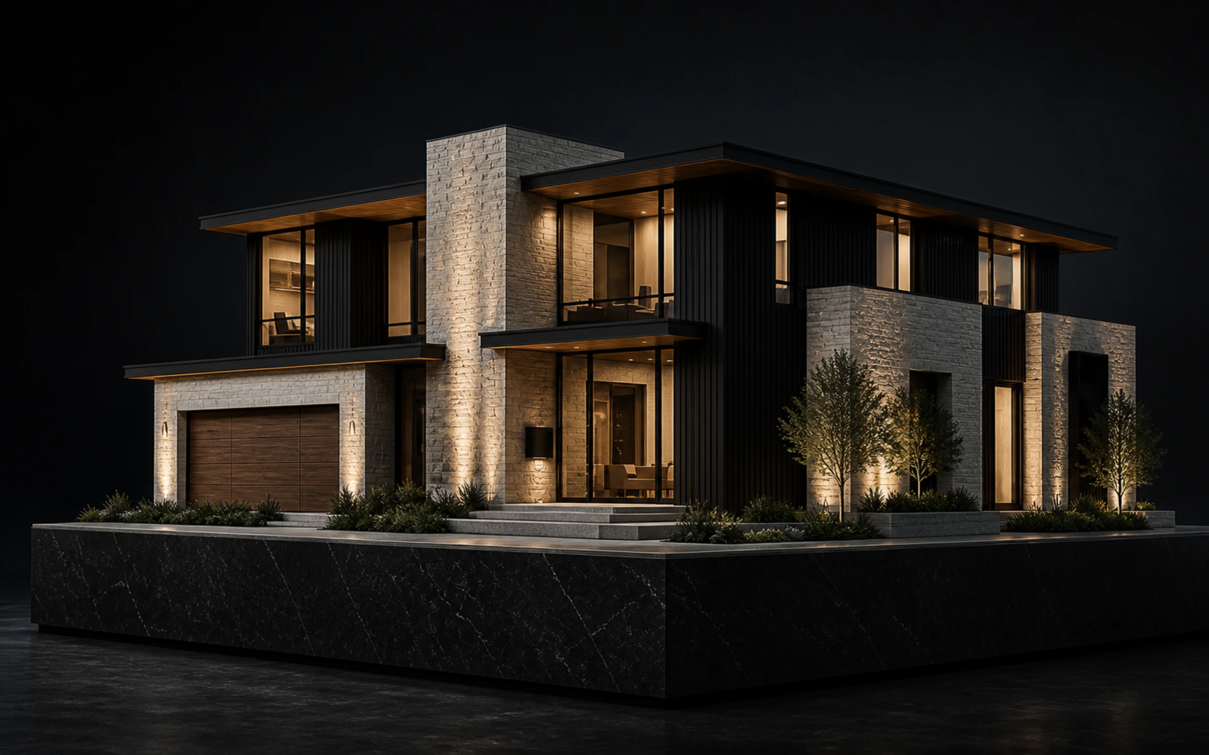 Architectural visualization of a contemporary stone and black-metal residence illuminated at dusk